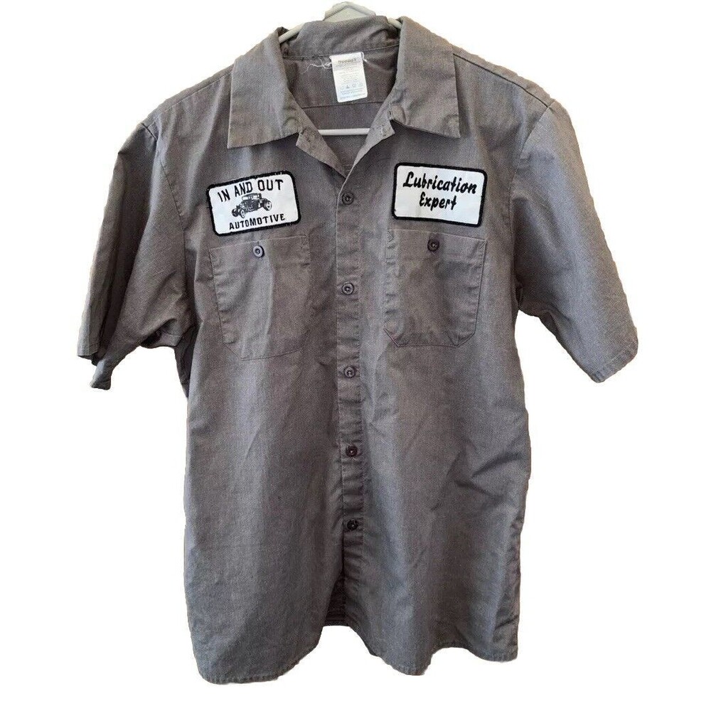 SPIRIT HALLOWEEN MENS GRAY BUTTON UP GRAPHIC WORK SHIRT SIZE MEDIUM / t24